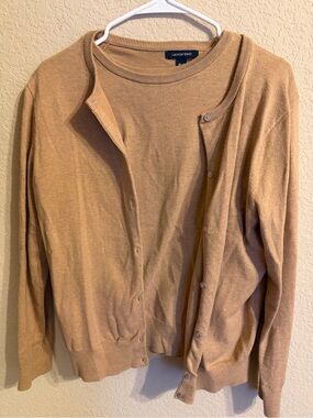 Lands' End Women's Tan Crewneck Sweater and Cardigan Twin Set
